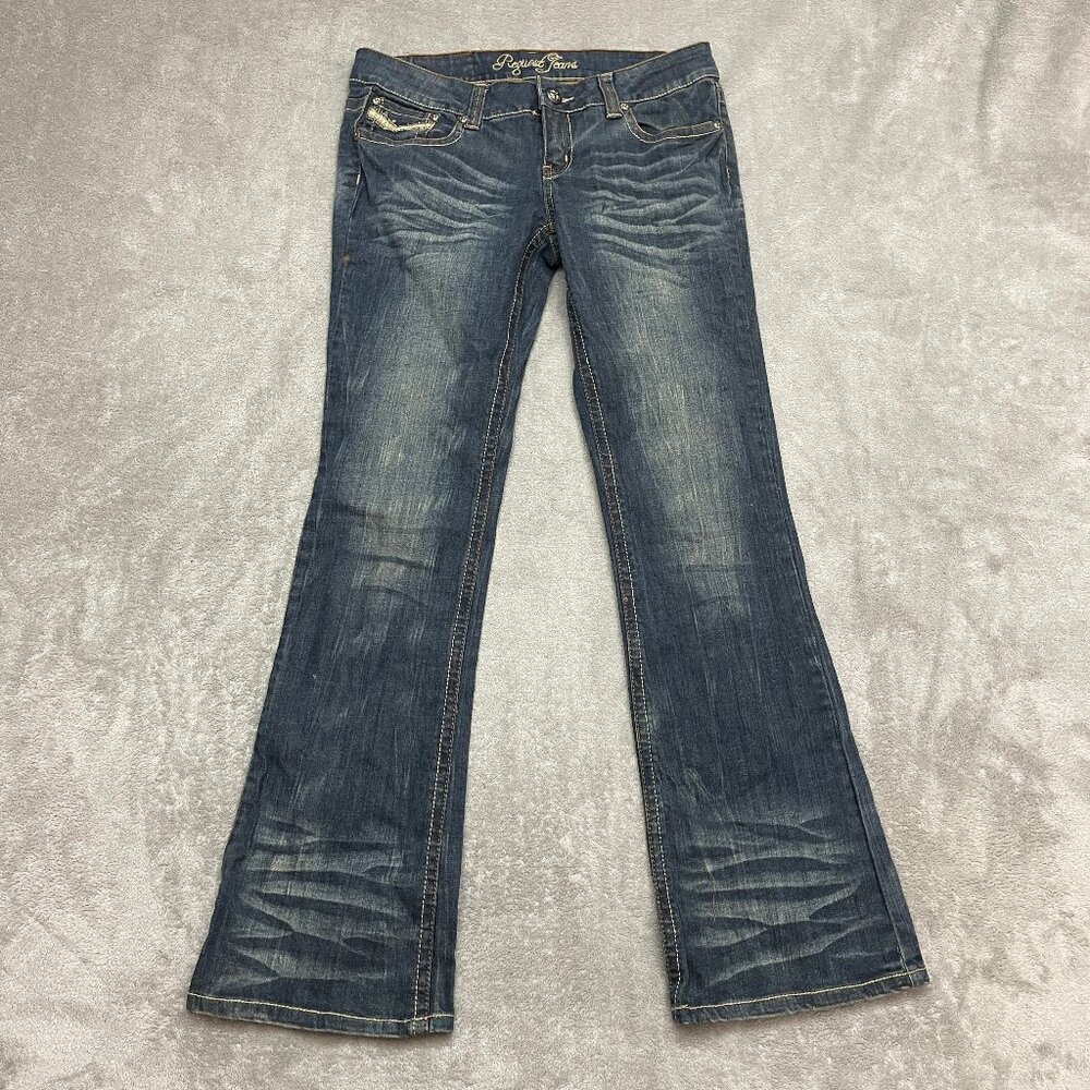 REQUEST Denim Blue Distressed Size 7 28 Embellished Low Rise Stretch Jeans